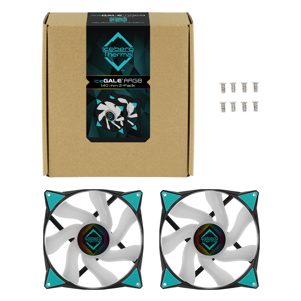 Una caja de ventiladores IceGale ARGB de 140 mm, dos ventiladores y tornillos.