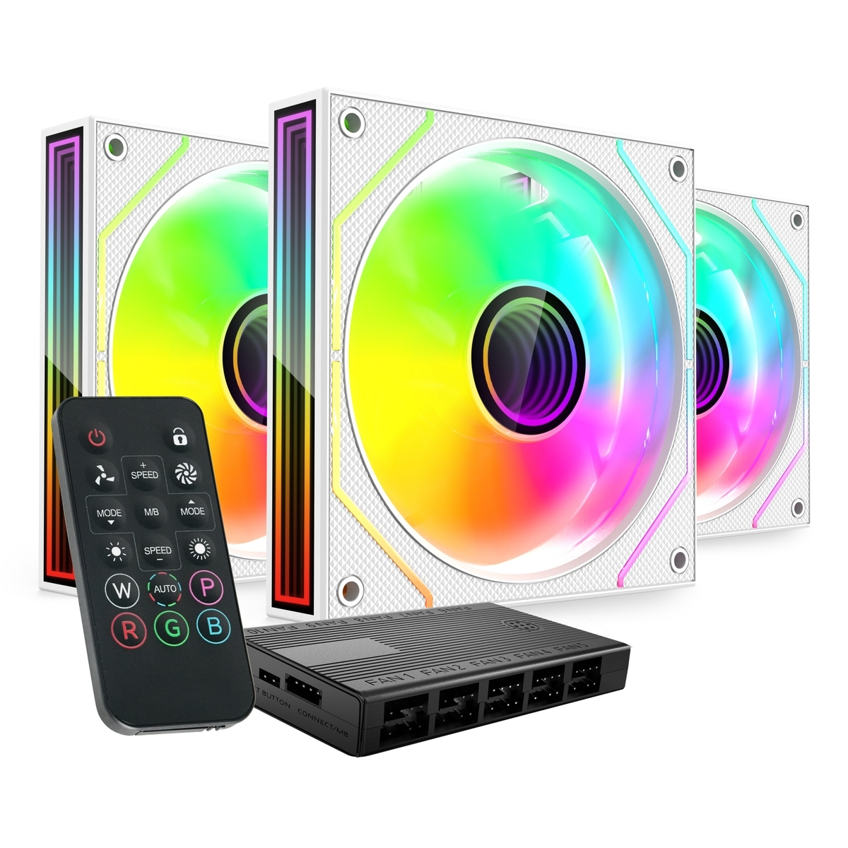 Un juego de tres ventiladores RGB para PC con control remoto y hub.