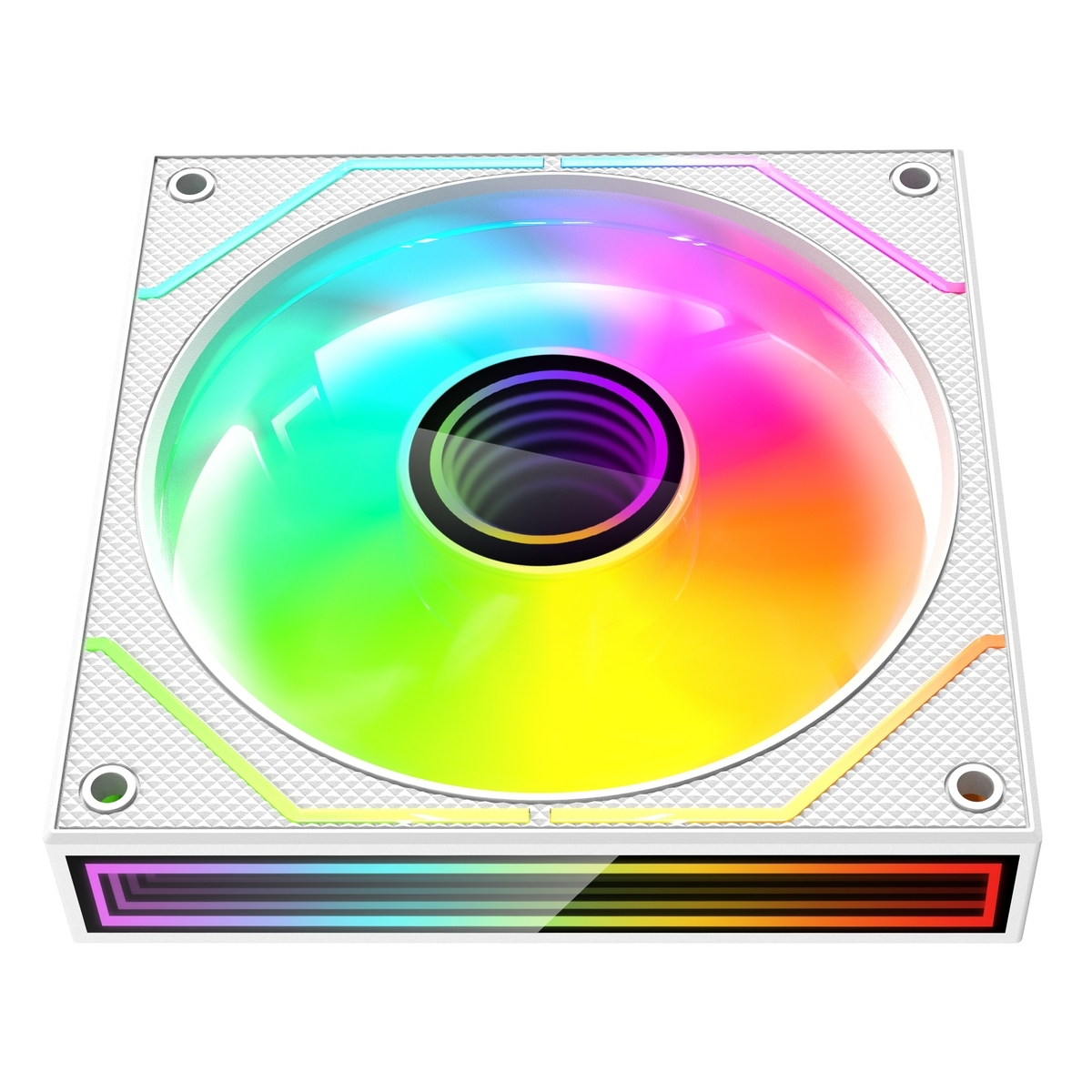 Un ventilador de PC blanco con iluminación RGB en colores arcoíris.