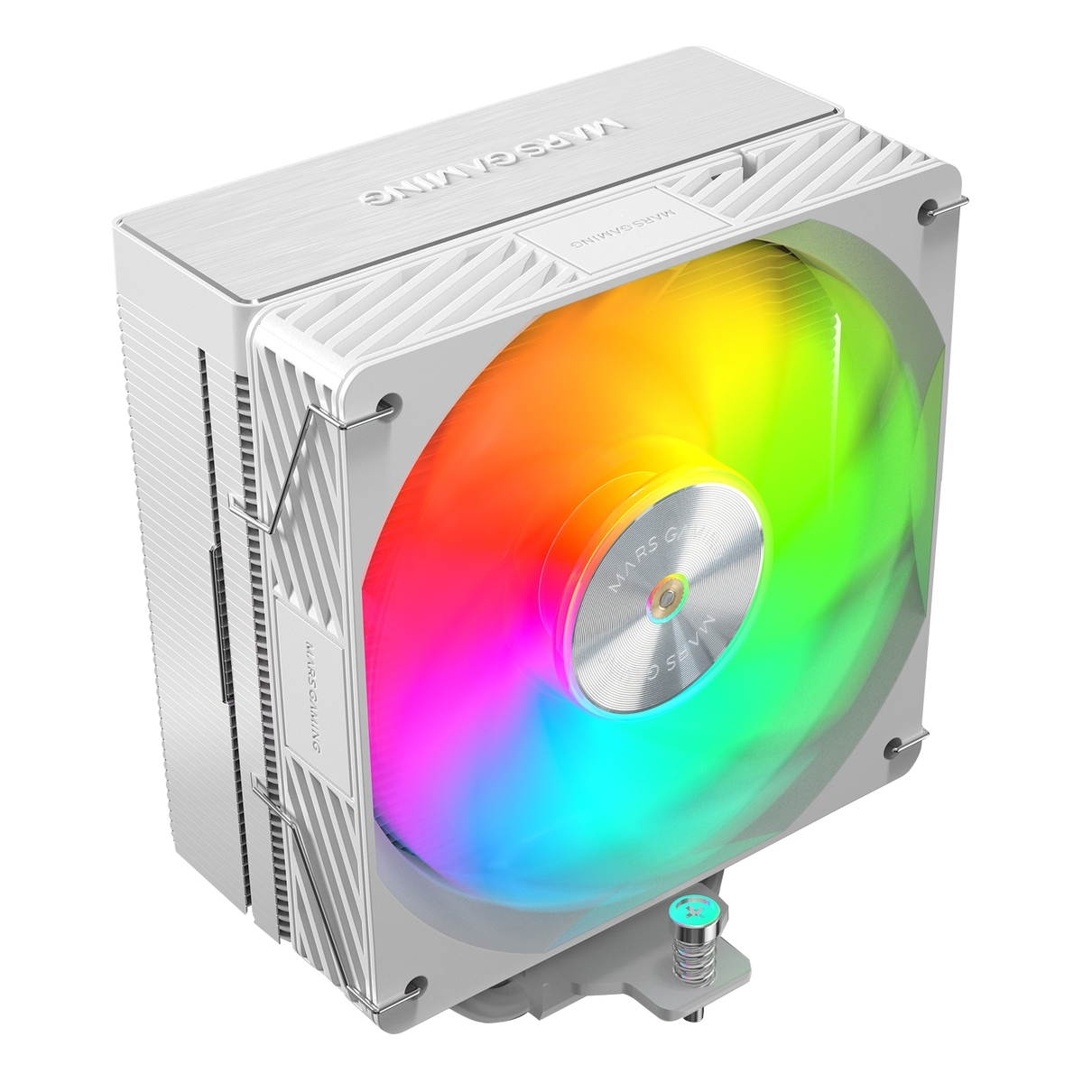 Dissipatore CPU bianco per PC con ventola RGB. Alette sul dissipatore. Scocca bianca.