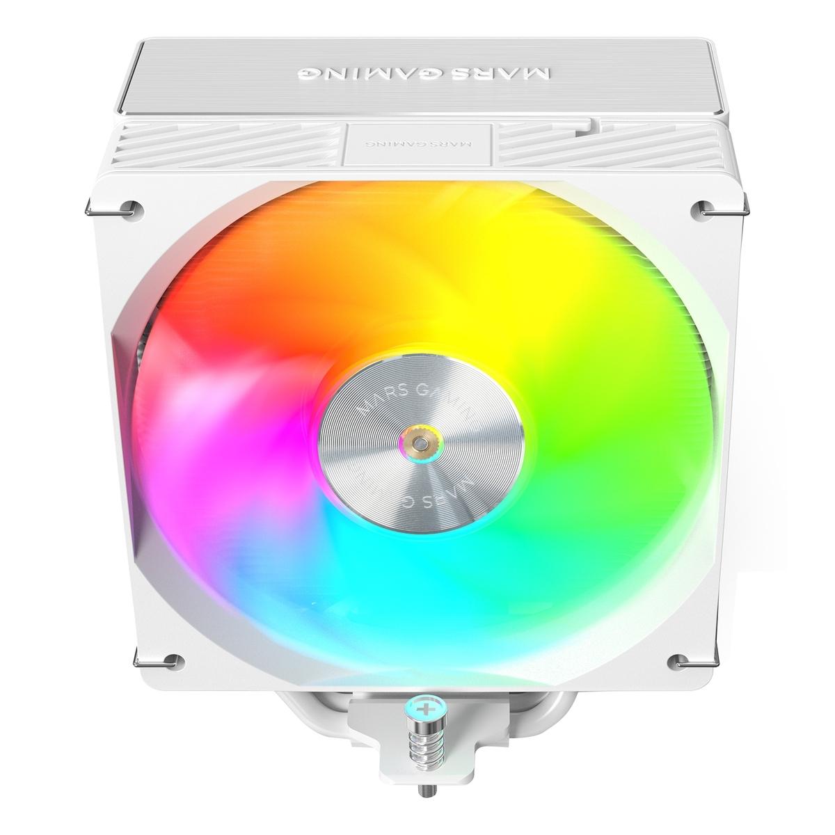 Un dissipatore per CPU bianco con ventola illuminata arcobaleno.