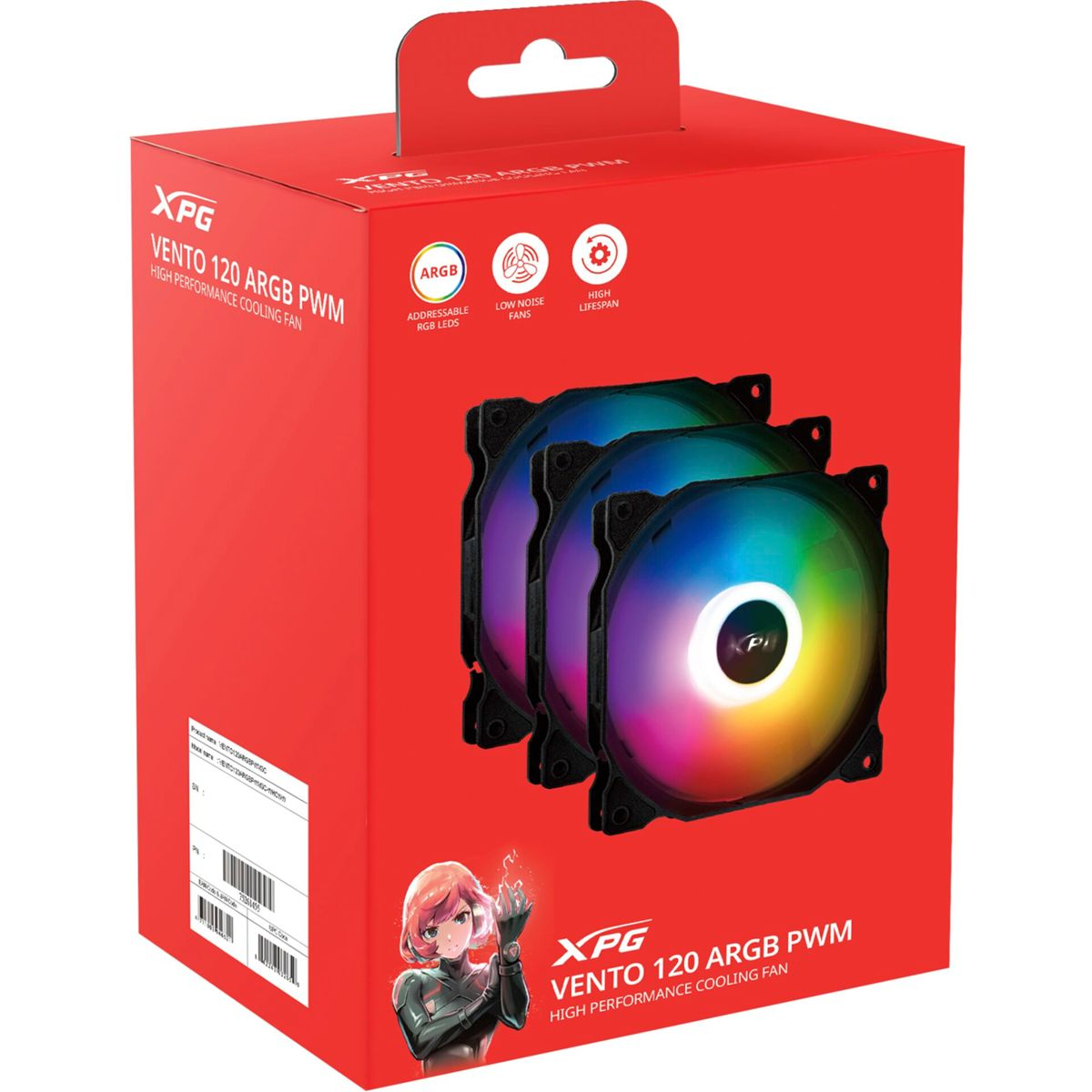 Red XPG box featuring three rainbow-colored ARGB fans.