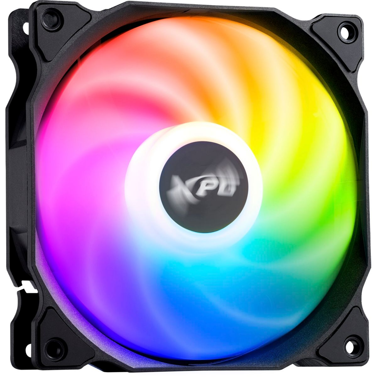 A black computer fan with colorful RGB LEDs in rotation.