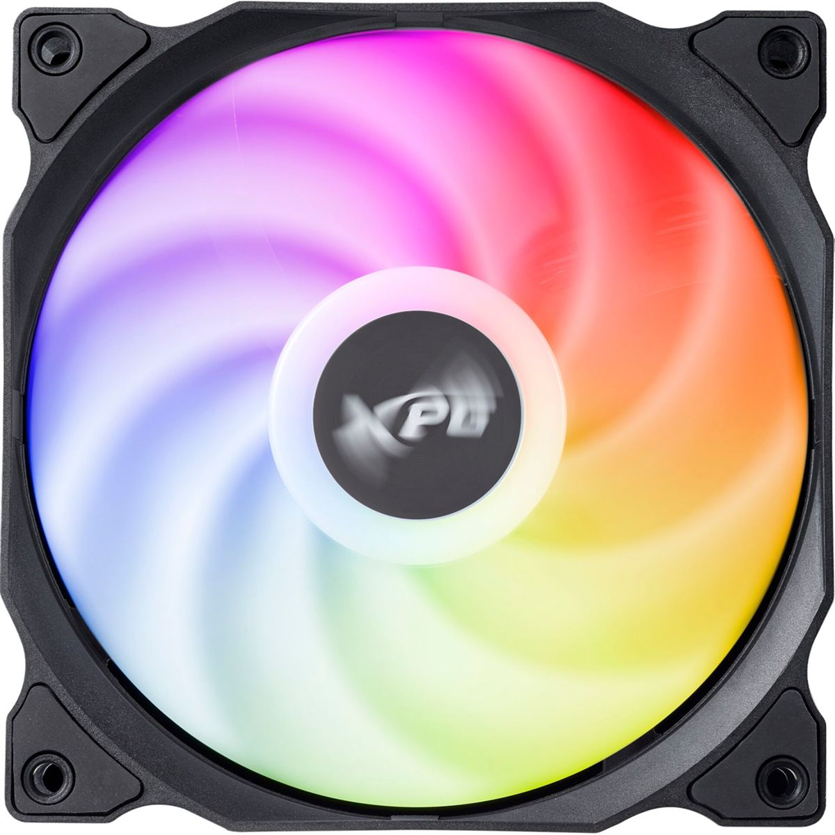 A PC fan with RGB lighting, spinning with rainbow colors.