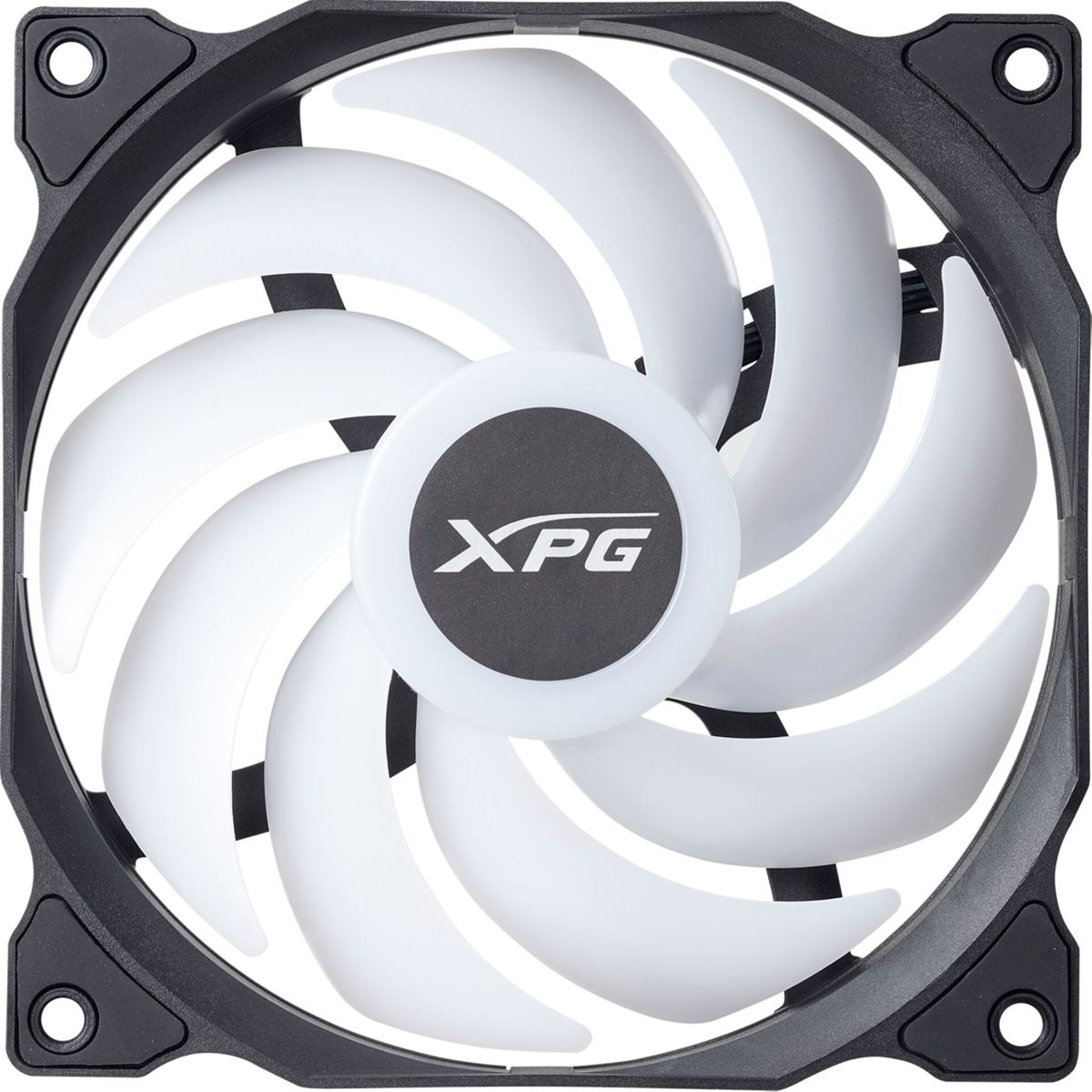 A white computer fan with a black frame and XPG logo.