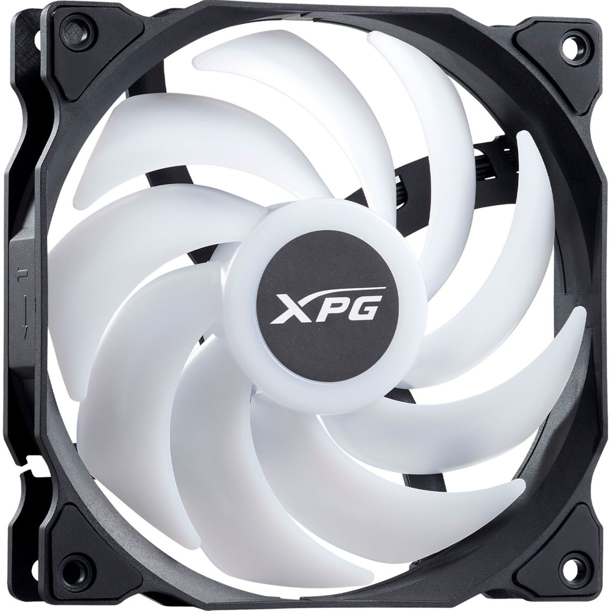 A white computer fan with a black frame and XPG logo.