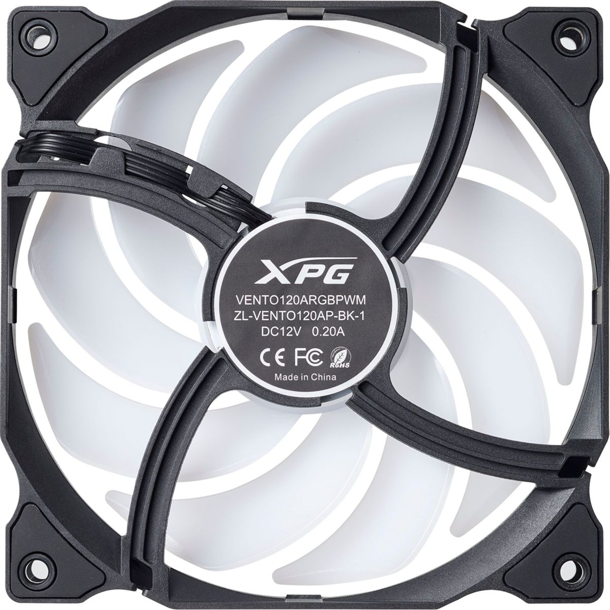A black computer fan with white blades and XPG logo.
