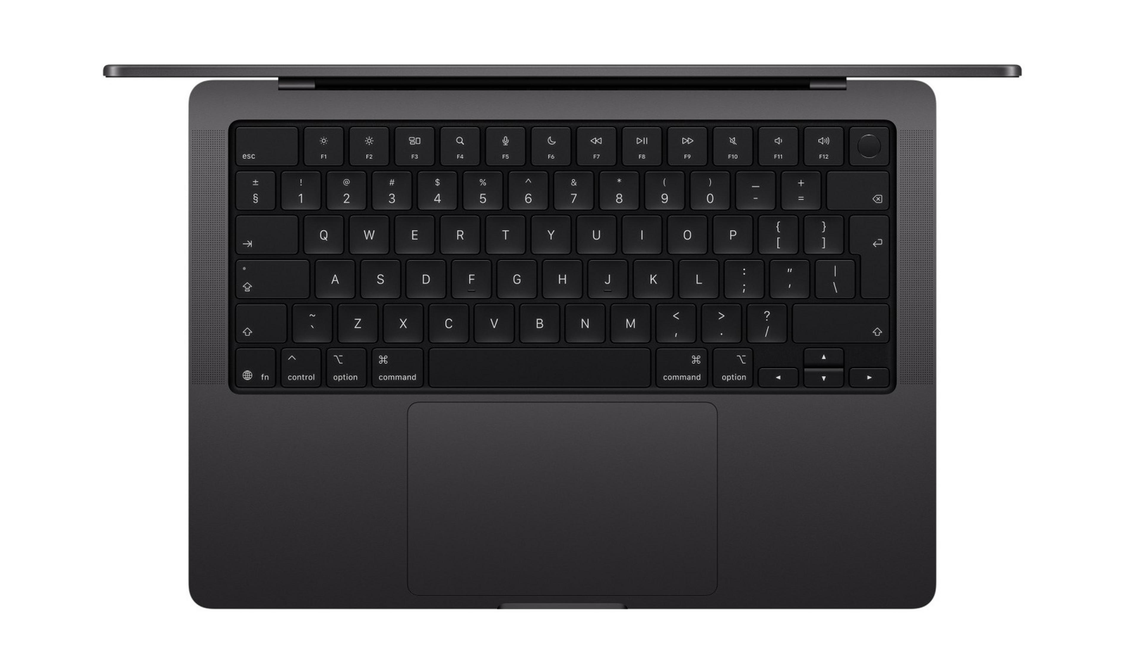 Oberansicht eines dunklen Laptops mit Tastatur und Trackpad.