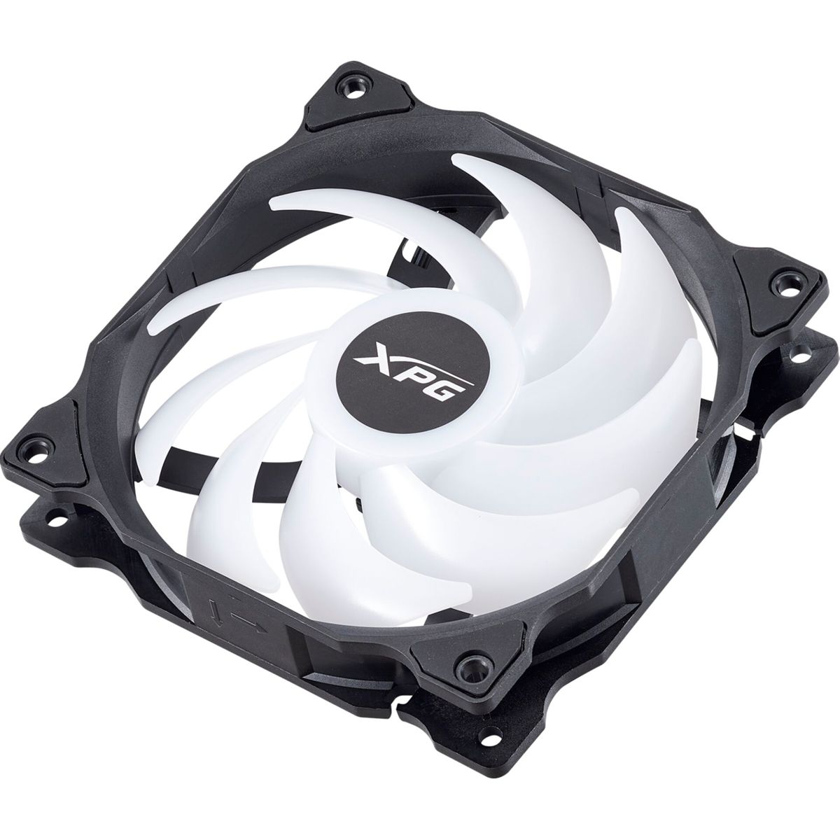 A black fan frame with white blades and the XPG logo in the center.