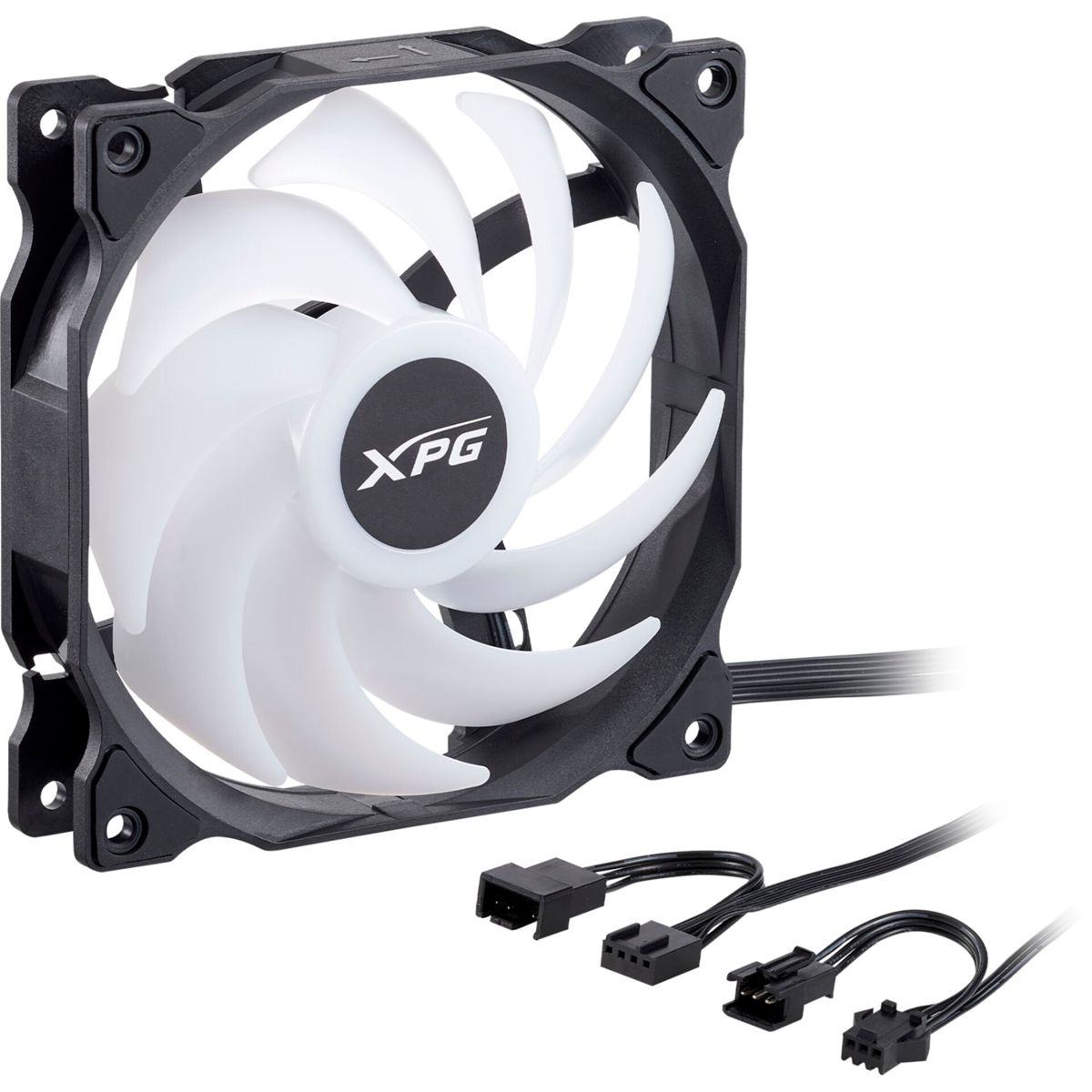 A black computer fan with white blades and an XPG logo.