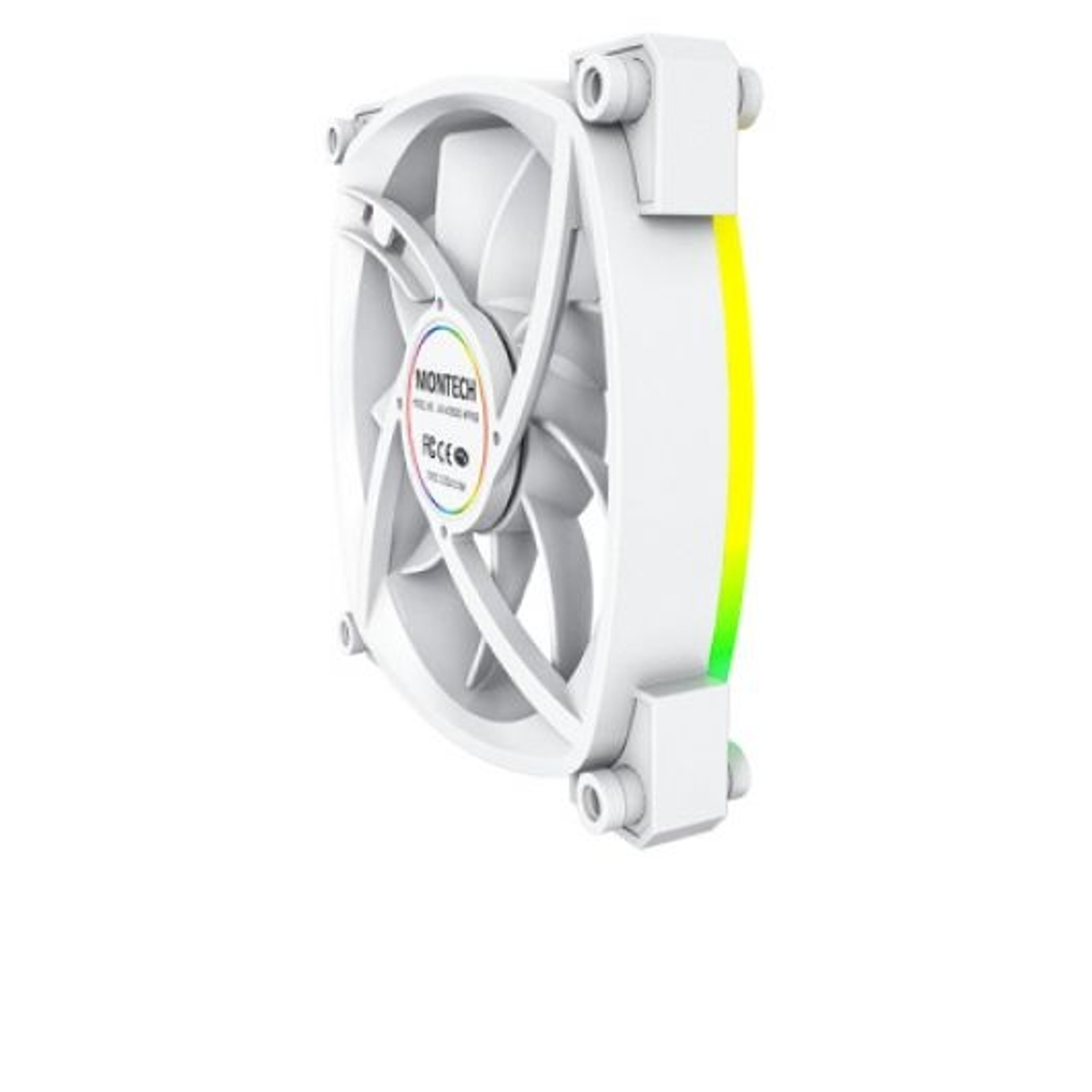 Un ventilateur de PC blanc avec des LED colorées sur le côté droit.