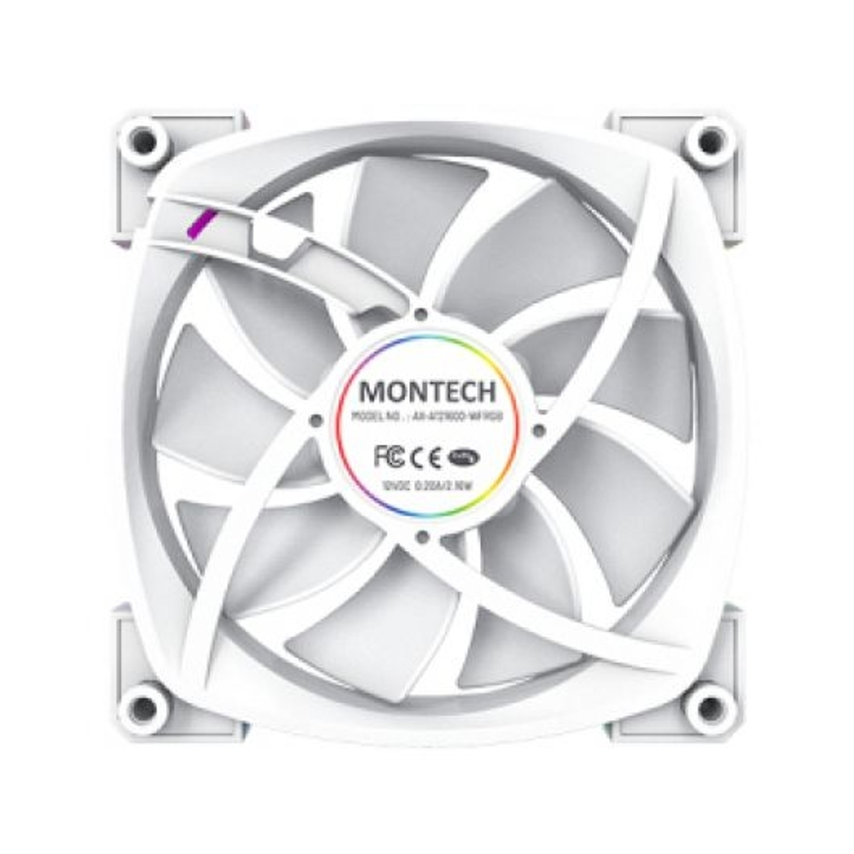 Un ventilateur Montech blanc avec éclairage RVB et moyeu central.