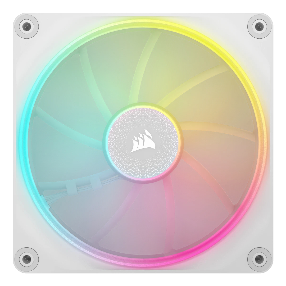 Biały wentylator komputerowy z oświetleniem RGB, widok z góry.