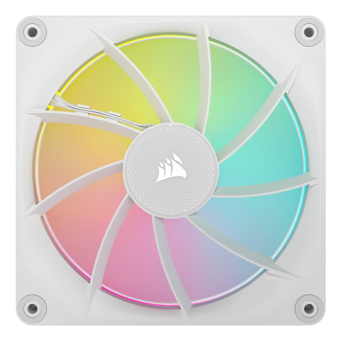 Biały wentylator komputerowy z tęczowym podświetleniem RGB.