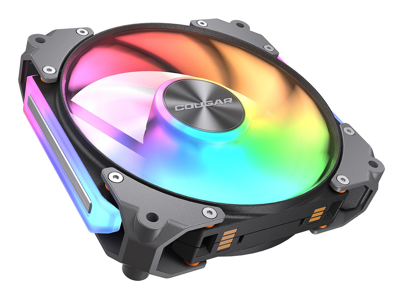 Un ventilateur PC avec éclairage RVB, en rotation.