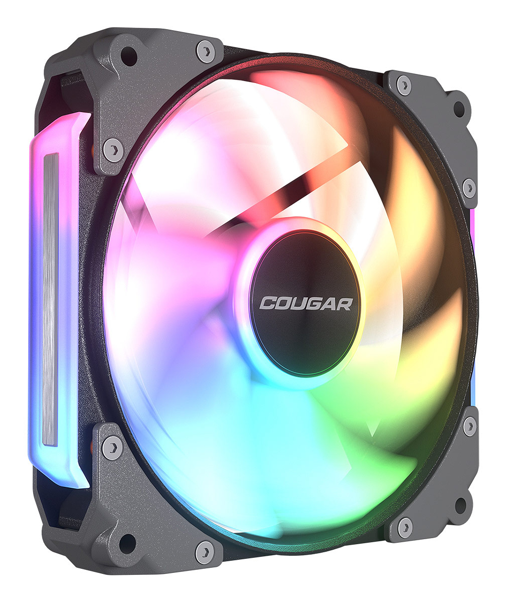 Un ventilateur d'ordinateur avec éclairage RVB, logo Cougar au centre, fond blanc.