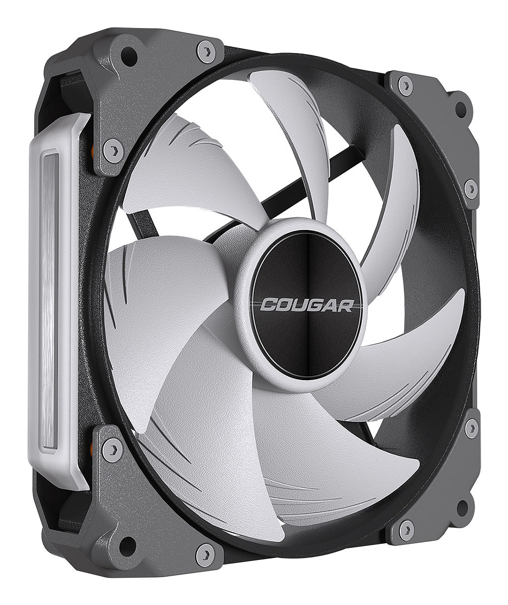 Ventilateur d'ordinateur gris avec pales blanches et cadre noir.