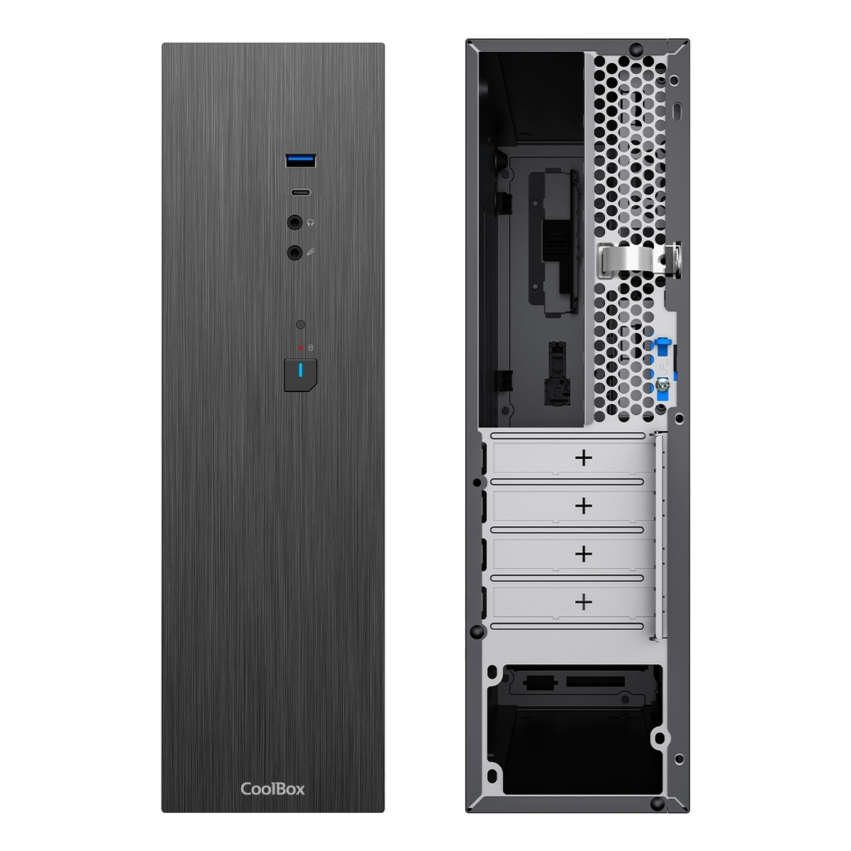 Tower del computer nero CoolBox, vista frontale con porte e vista laterale aperta che mostra i componenti interni.