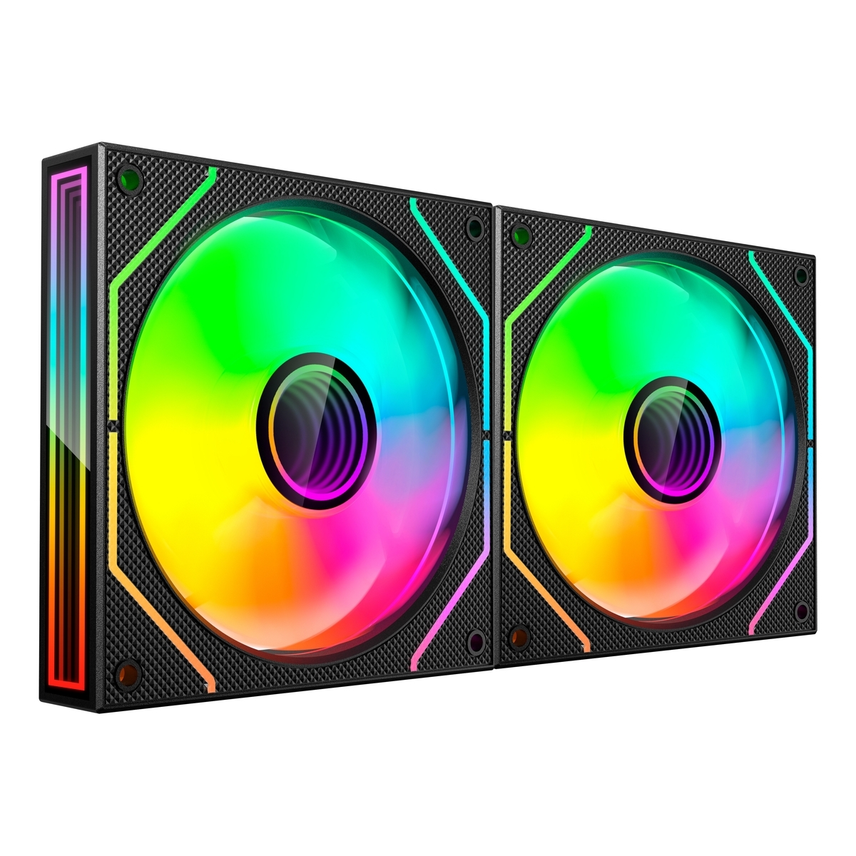 Due ventole per PC con illuminazione RGB. Le pale mostrano una sfumatura verde, gialla e rosa.