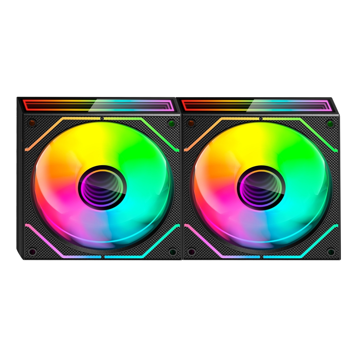 Due ventole per computer con illuminazione RGB, una accanto all'altra.