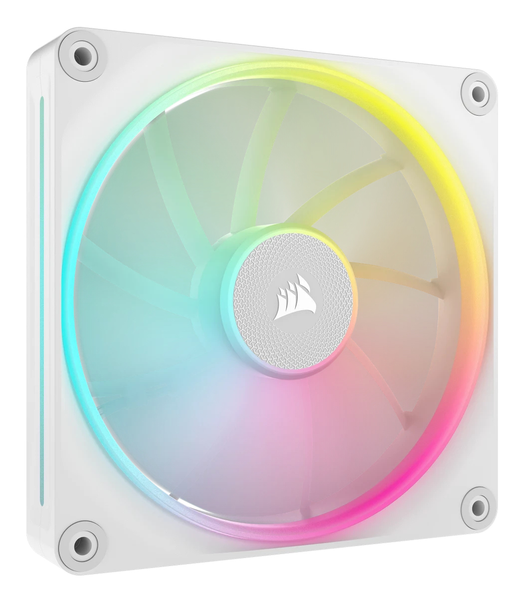 Biały wentylator PC z podświetleniem RGB. Łopatki są przezroczyste.