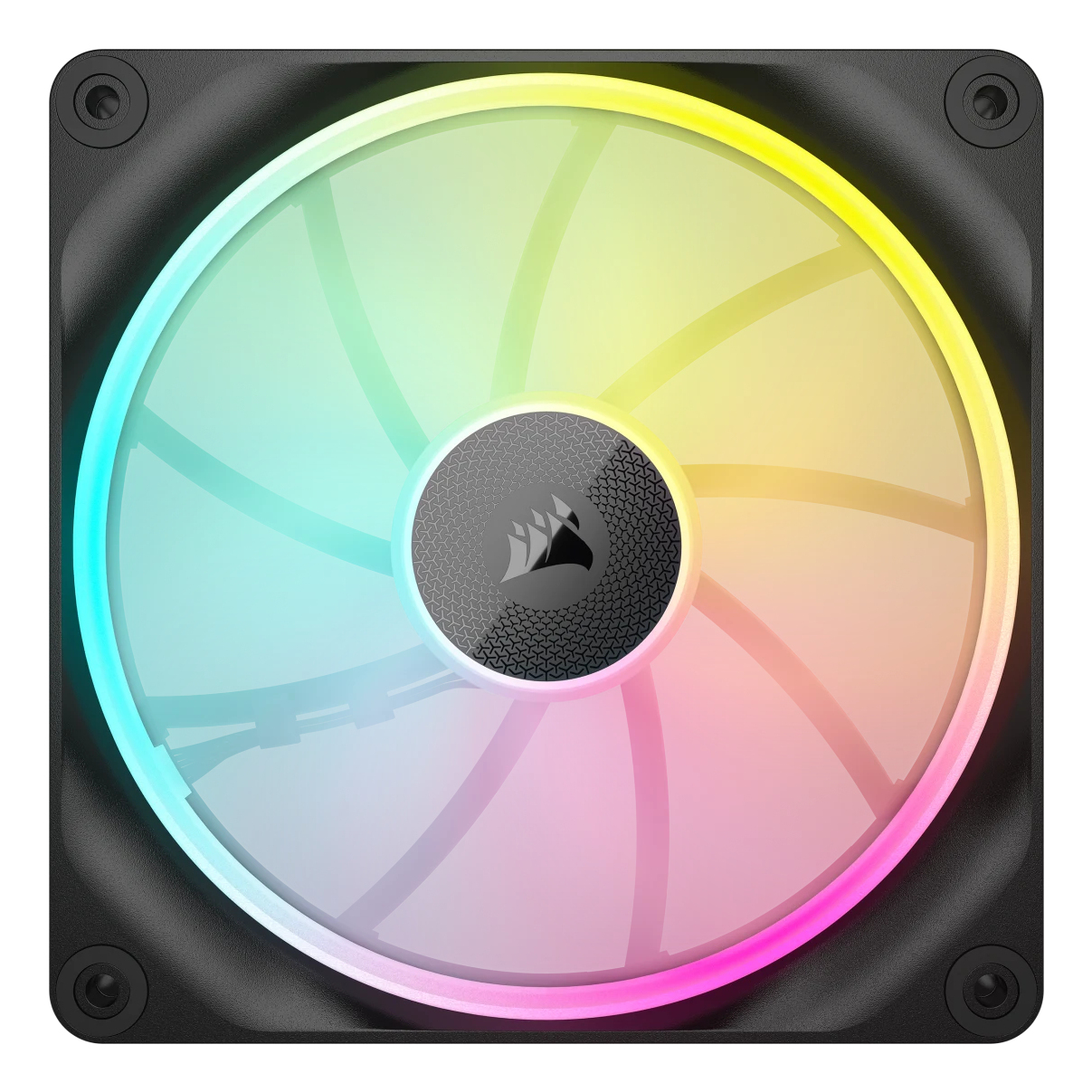 Czarny wentylator komputerowy z oświetleniem RGB, świecący od niebieskiego przez zielony do żółtego i różowego.