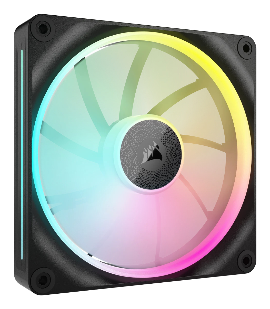 Czarny wentylator z półprzezroczystymi, kolorowymi diodami LED w okręgu.