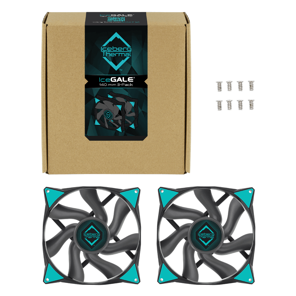 Una caja con ventiladores Ice Gale y tornillos, junto a dos ventiladores.