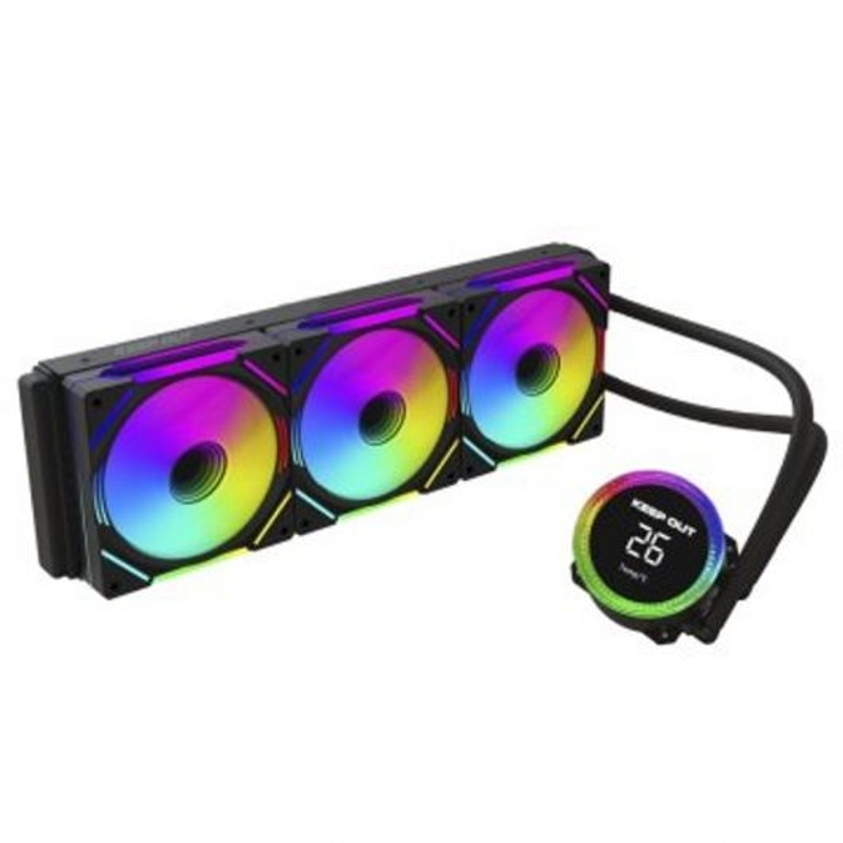 Un dissipatore per computer nero con tre ventole RGB e un display circolare che mostra 26.