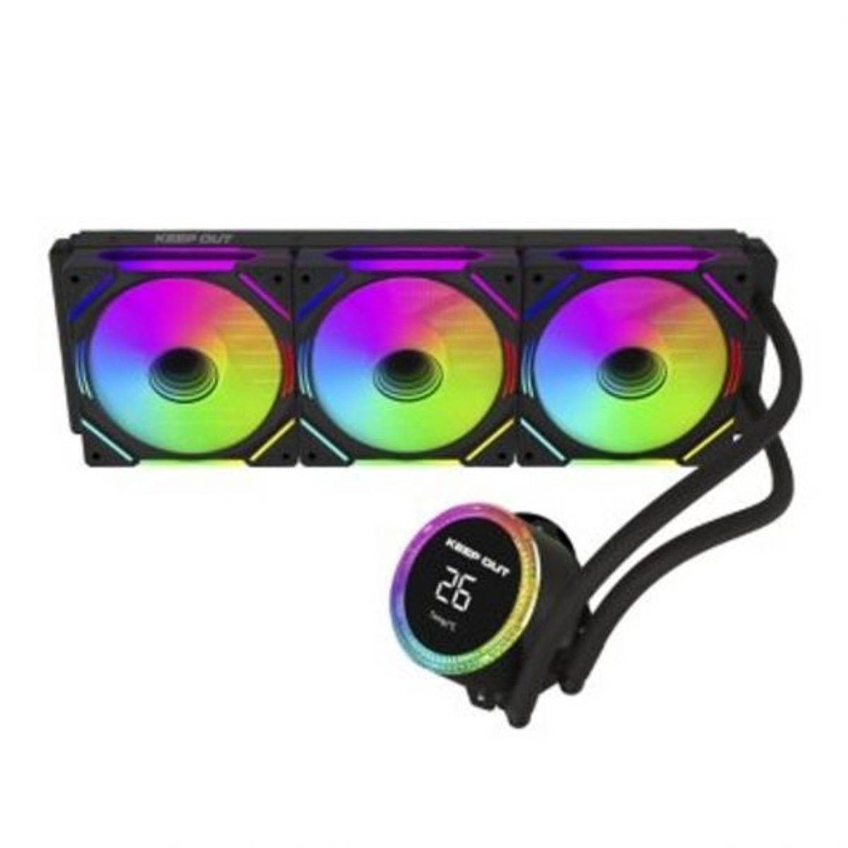 Una ventola del computer con illuminazione RGB e display digitale.