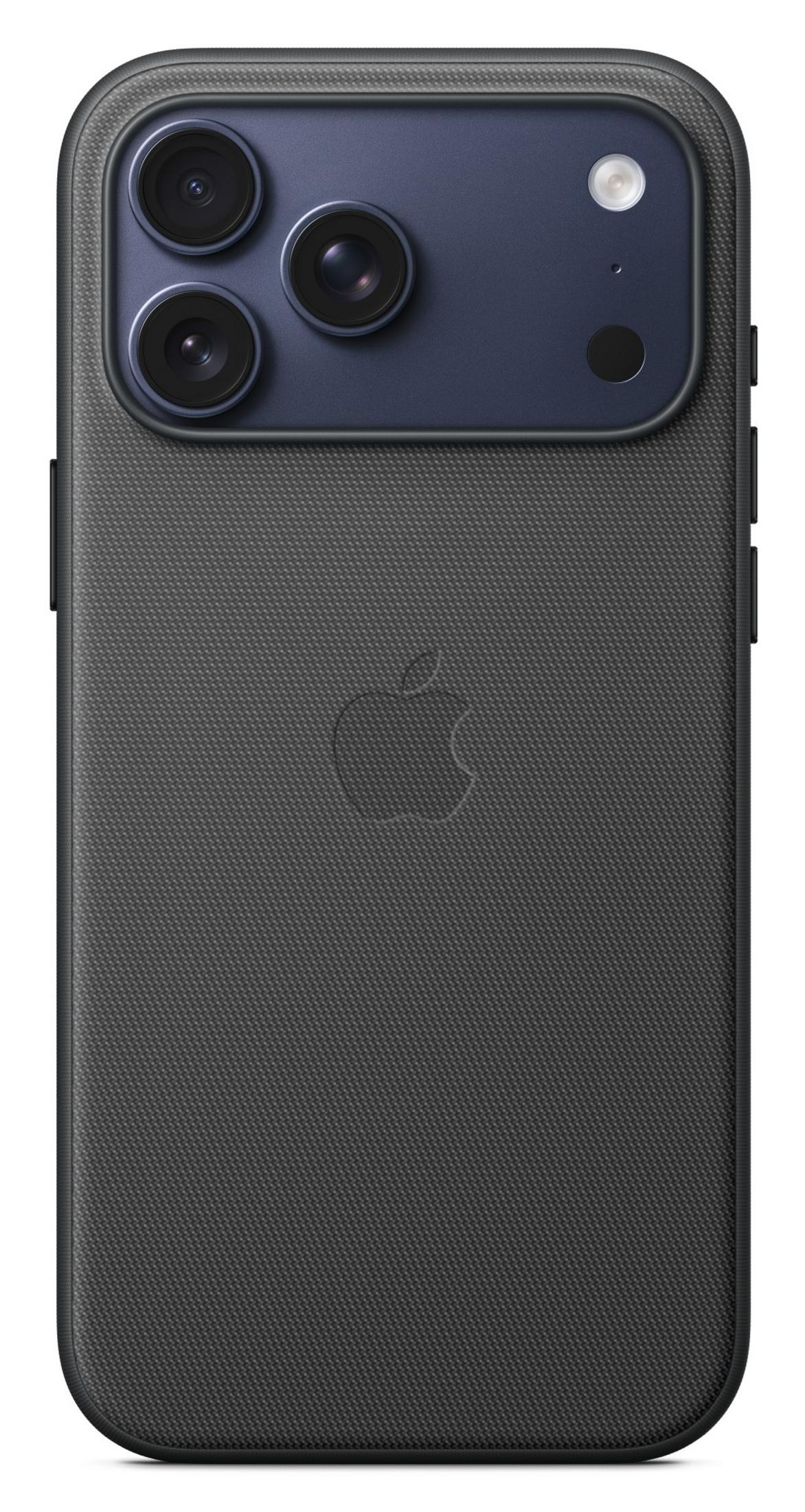 Custodia iPhone grigio scuro con tripla fotocamera e logo Apple.
