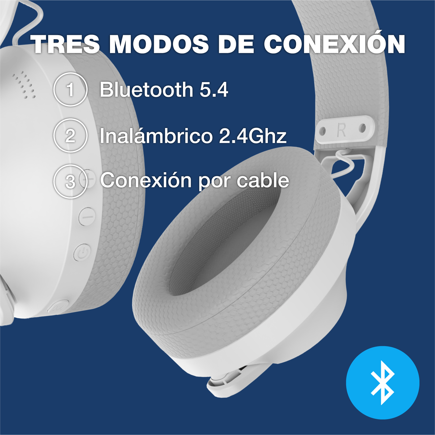 Białe słuchawki z tekstem o trzech trybach połączenia: Bluetooth 5.4, bezprzewodowy 2.4GHz, kabel.