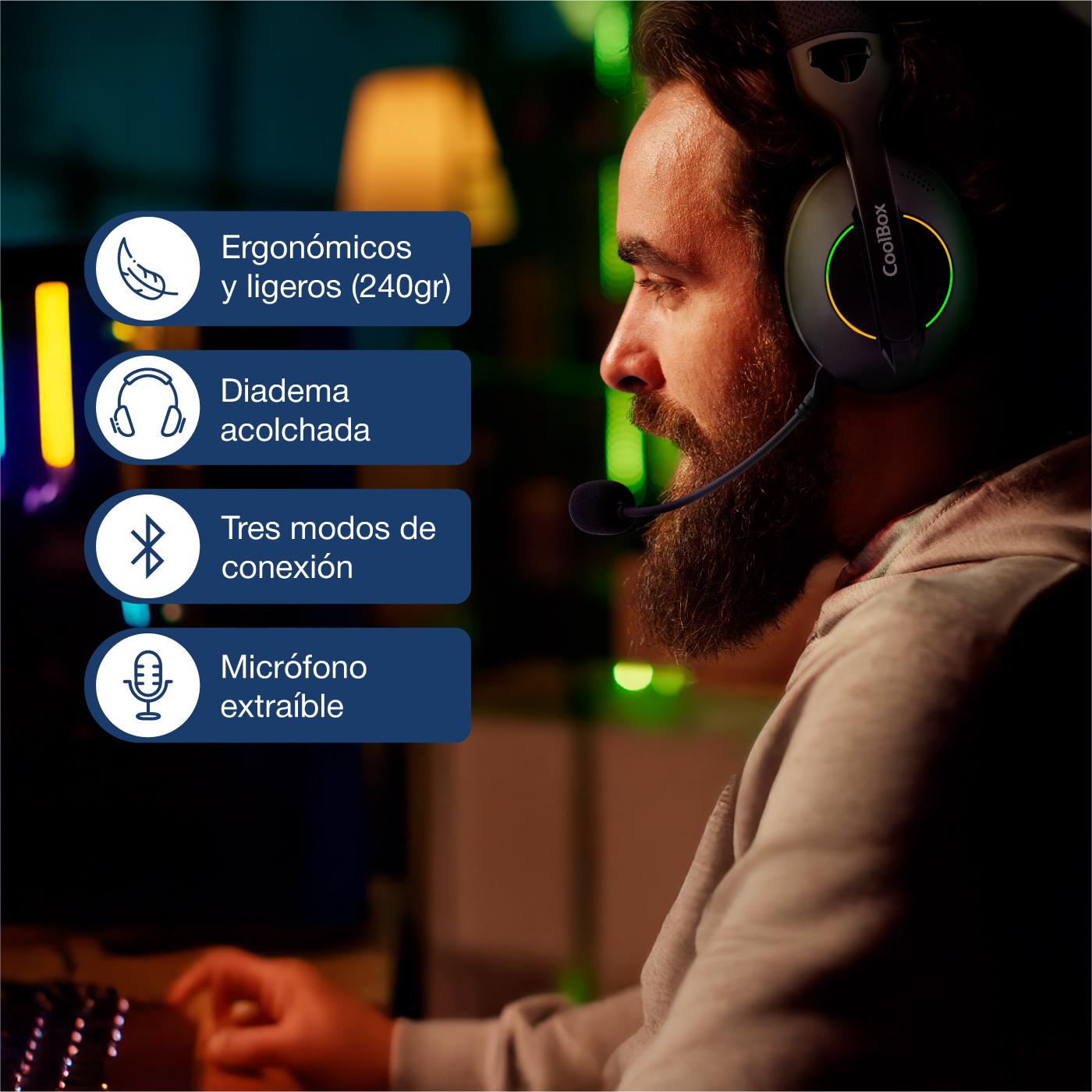 Mężczyzna w słuchawkach, podkreślający cechy takie jak ergonomia i mikrofon.