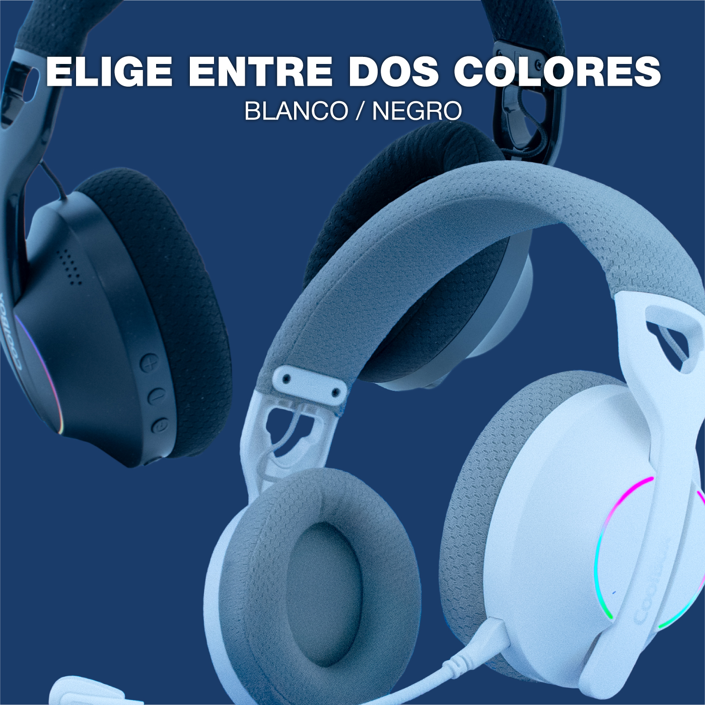 Trzy słuchawki: czarne, szare i białe z kolorowymi akcentami LED.