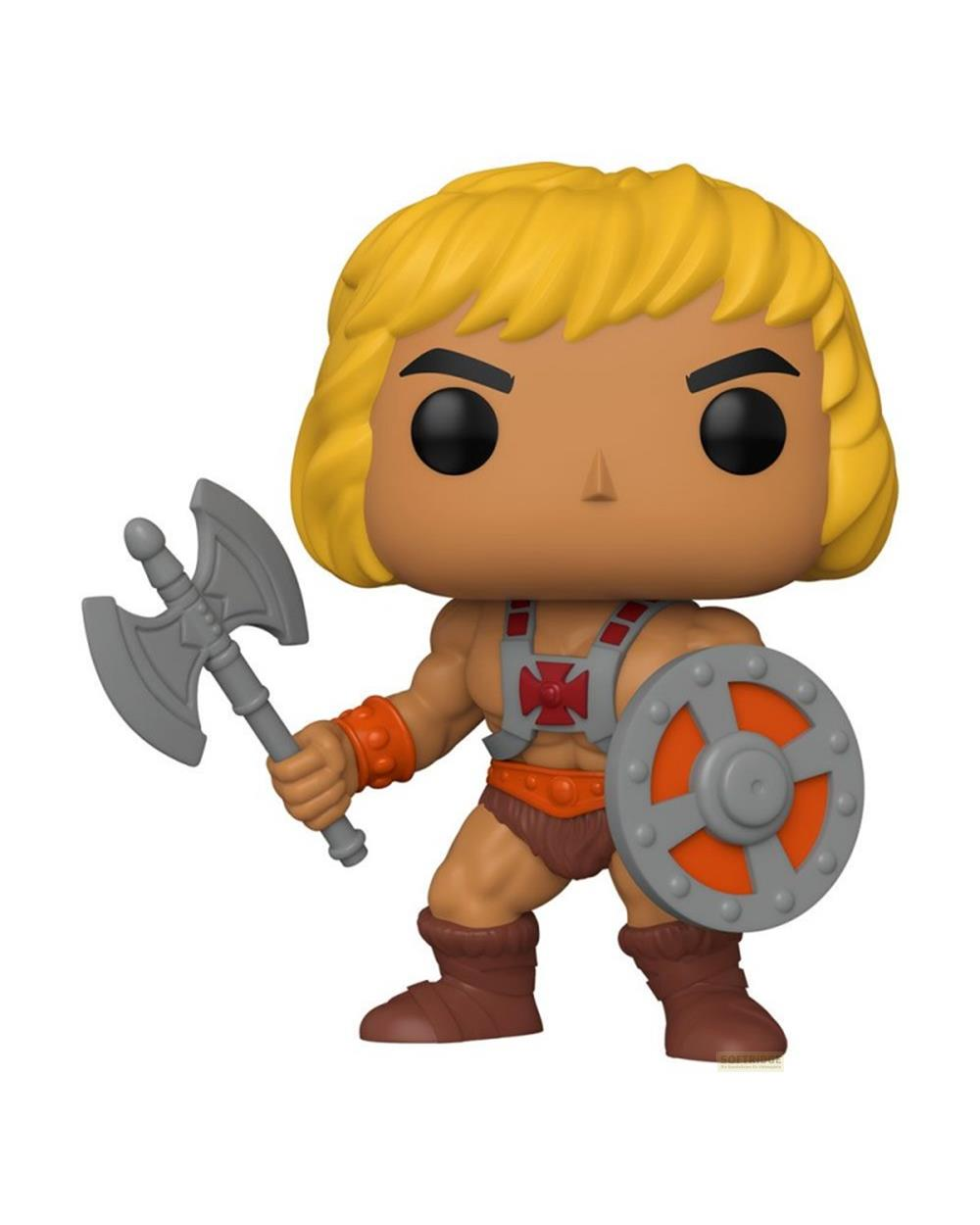 Figura de He-Man con casco, hacha y escudo, vista de cuerpo entero.