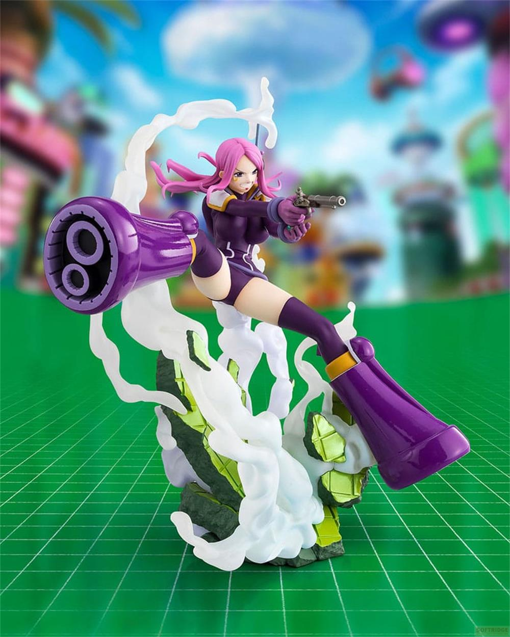 Eine Figur mit lila Haaren und Waffe auf einem Sockel mit Rauch.