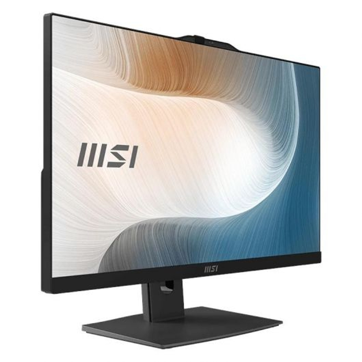 Un monitor MSI negro con un fondo abstracto y líneas fluidas.