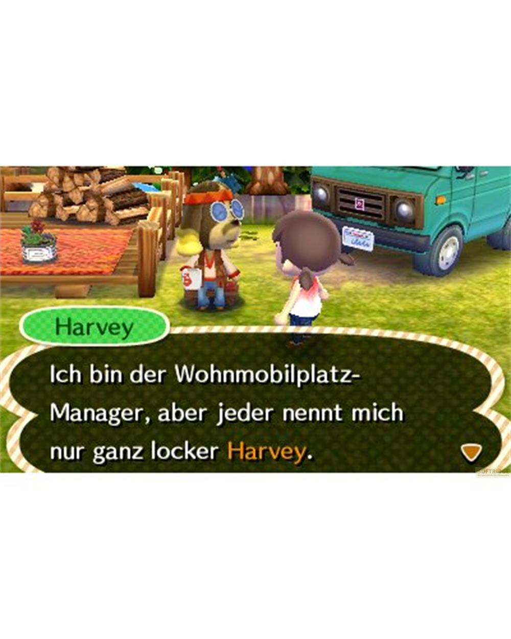 Ein Hundekarikatur-Charakter spricht mit einer menschlichen Spielfigur vor einem Wohnmobil.