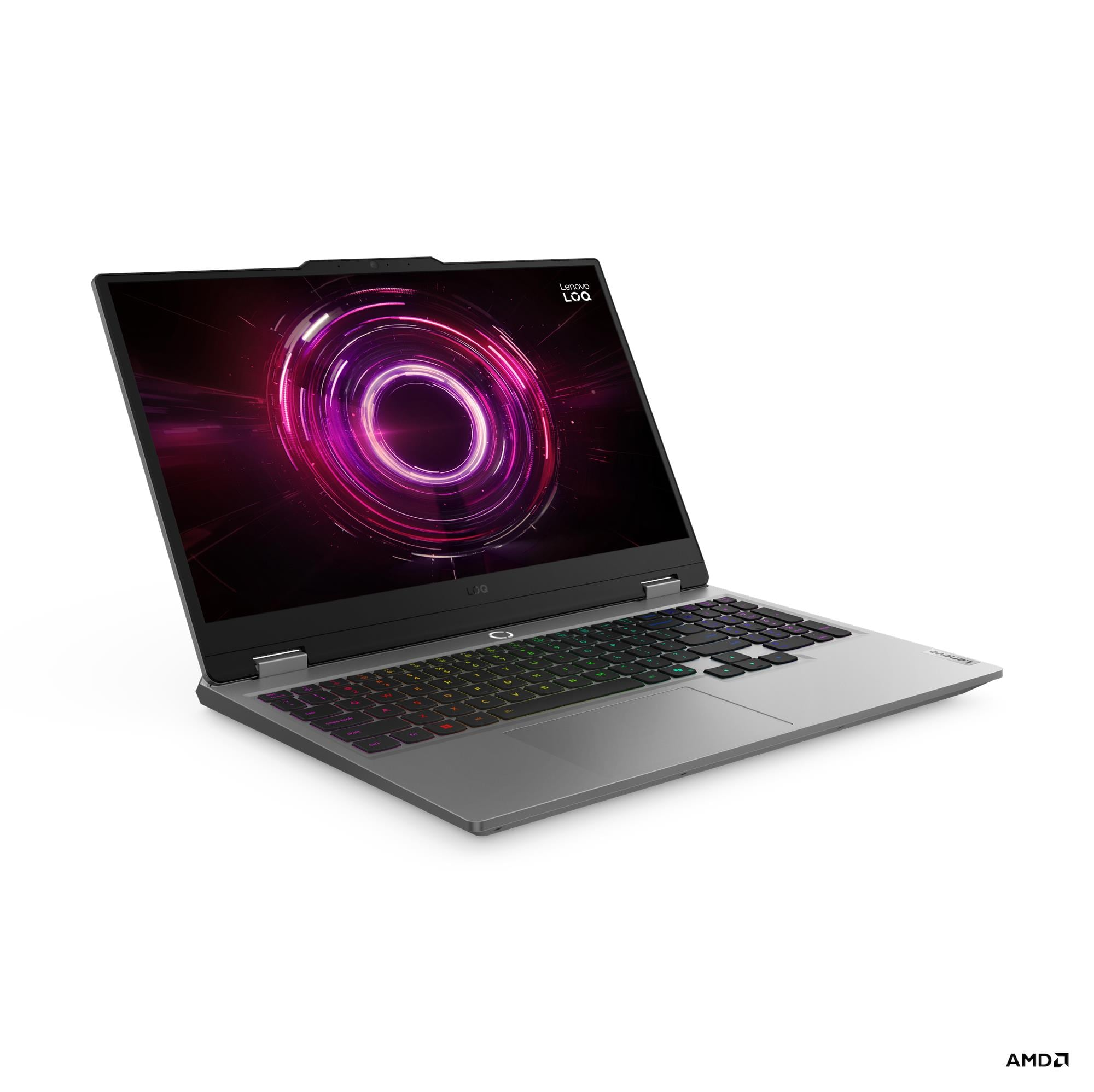 Un laptop argentato con tastiera retroilluminata e design circolare sullo schermo.