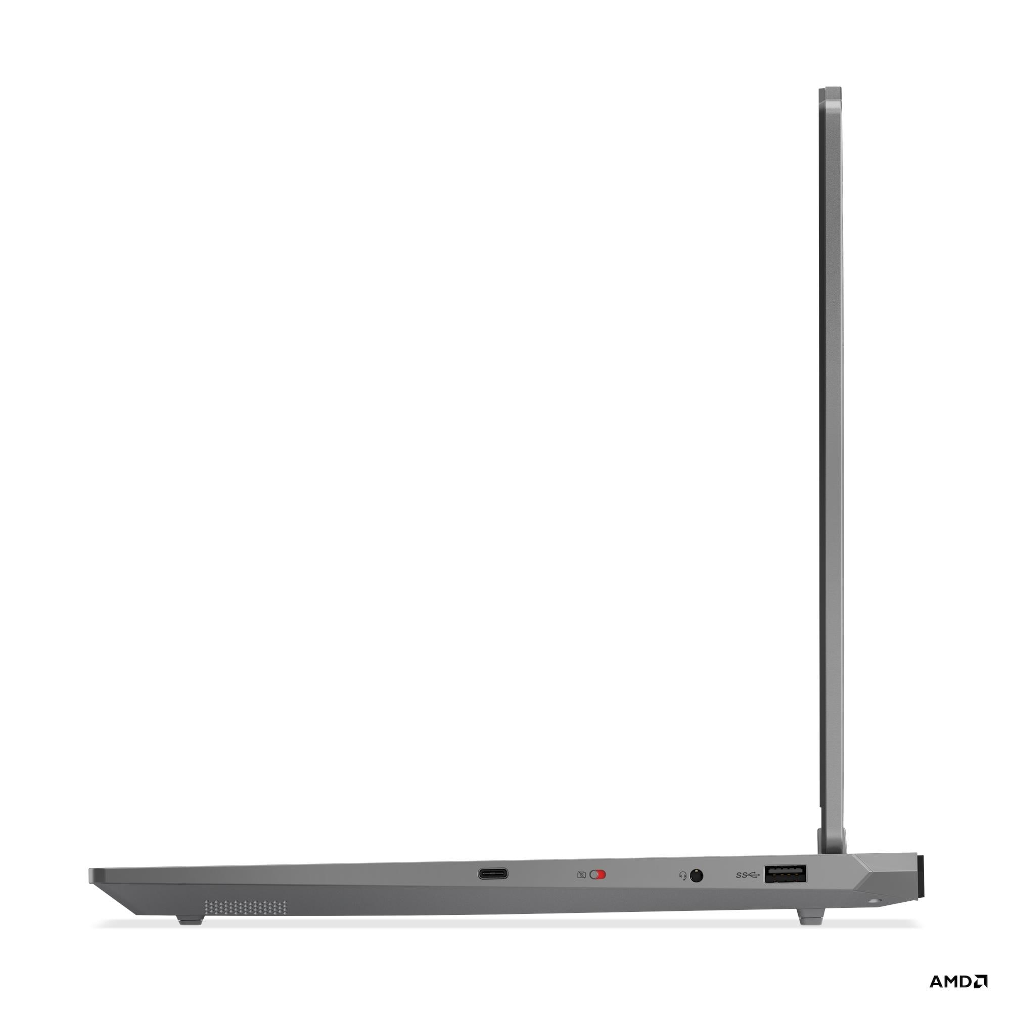 Profilo laptop grigio con porte: USB, jack cuffie e indicatore fotocamera.