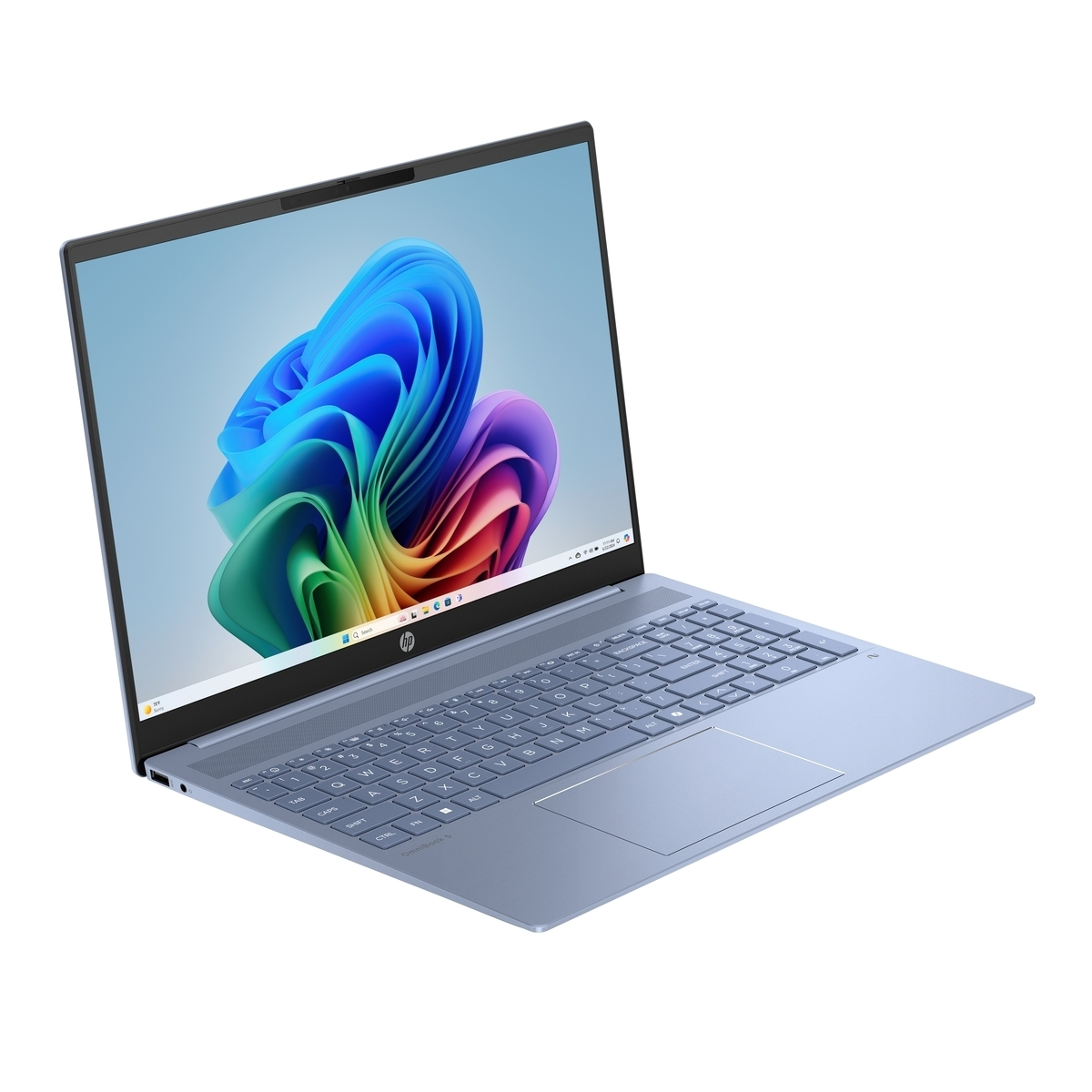 Un portátil HP azul con un fondo de pantalla colorido en la pantalla.
