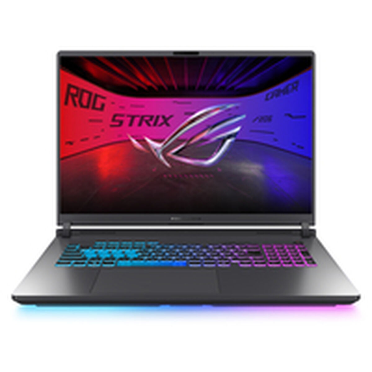 Un portátil gaming abierto con teclado retroiluminado y el logo ROG.