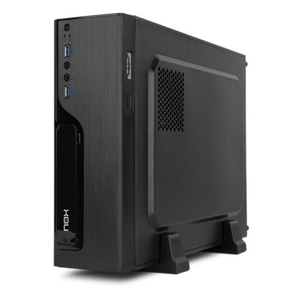 Un case per computer nero con porte e griglia di ventilazione su sfondo bianco.