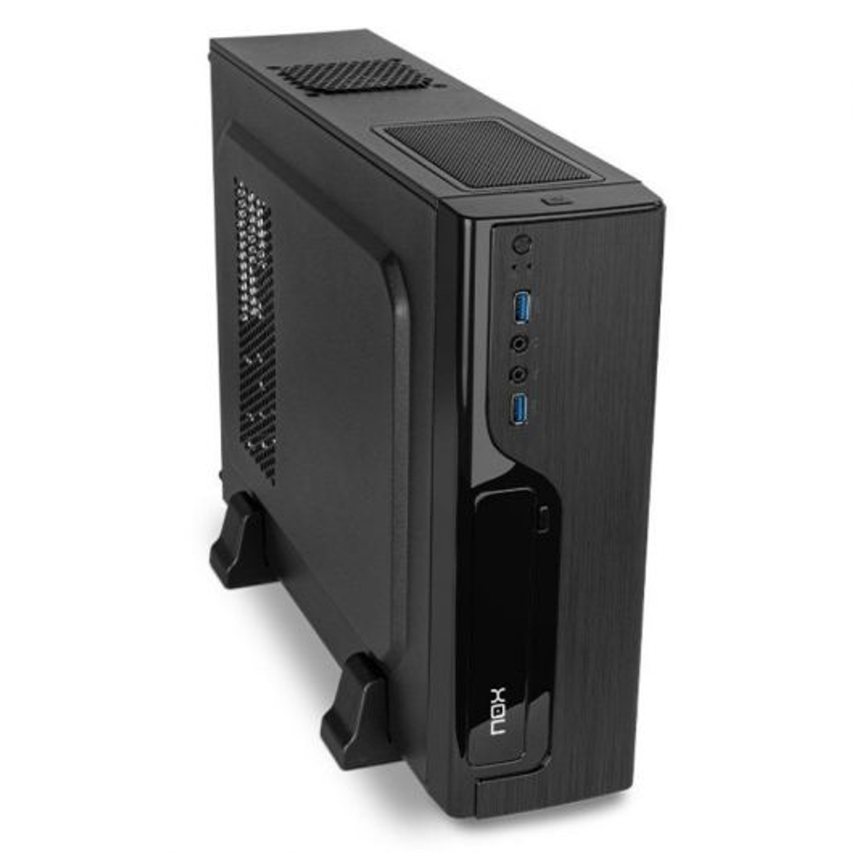 Un case per computer nero sta su due piedini.