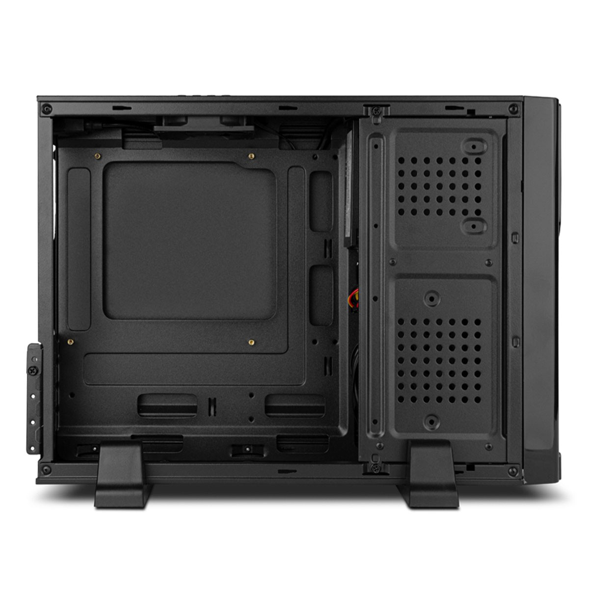 Vista interna di un case per computer nero con piastre di montaggio.