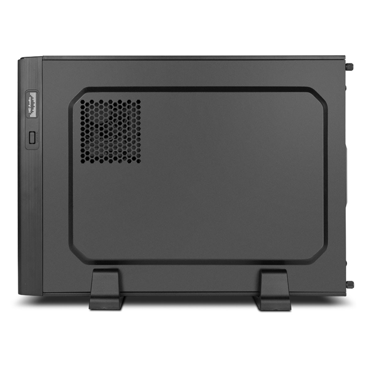 Case del computer nero con griglia di ventilazione e supporti.