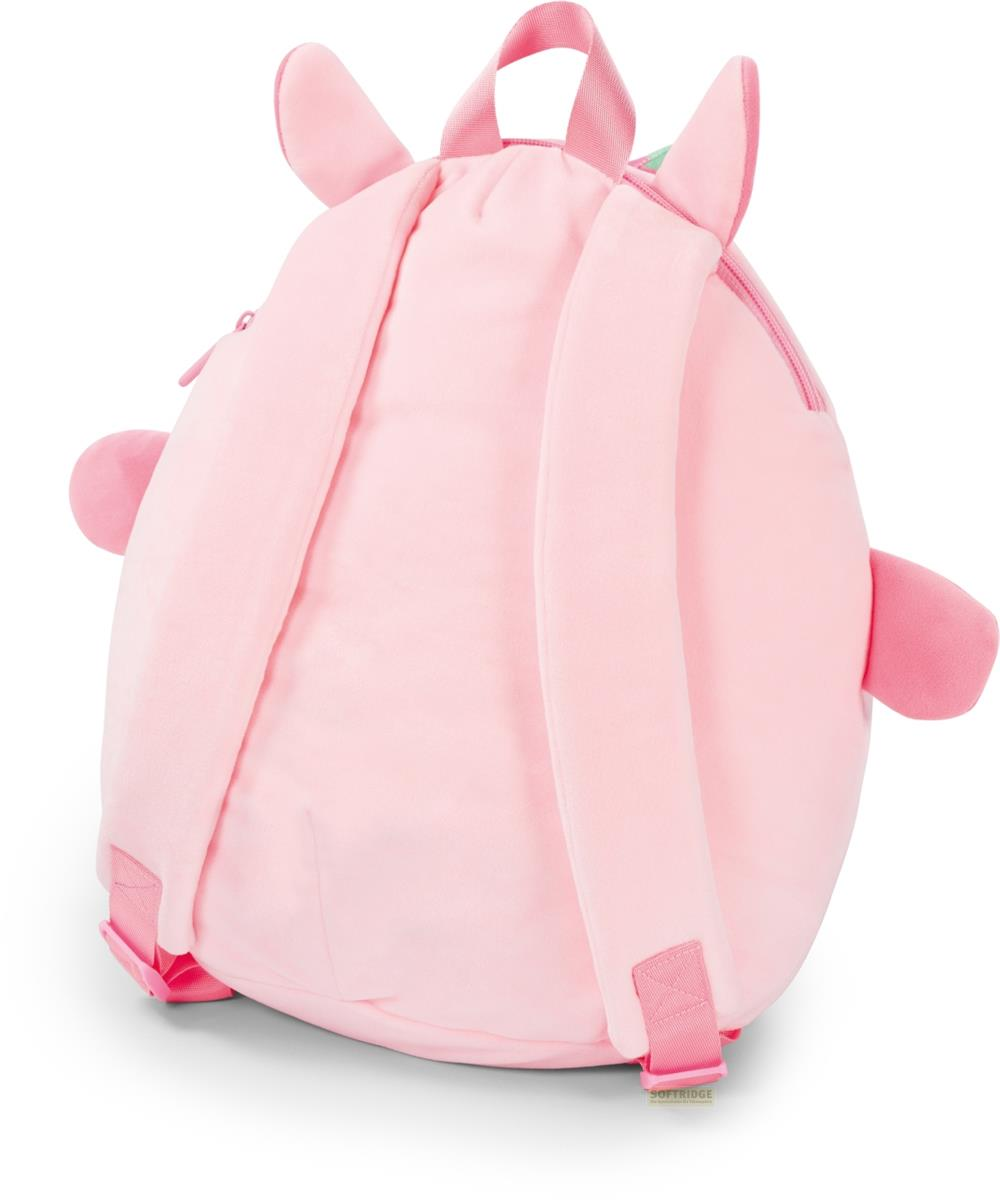 Ein pelziger, rosafarbener Rucksack mit Ohren und Armen, der auf dem Boden steht.