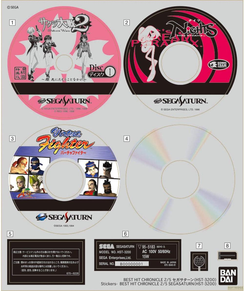 Vier Sega Saturn-Spiele-Discs und ein Aufkleber mit Produktinformationen.