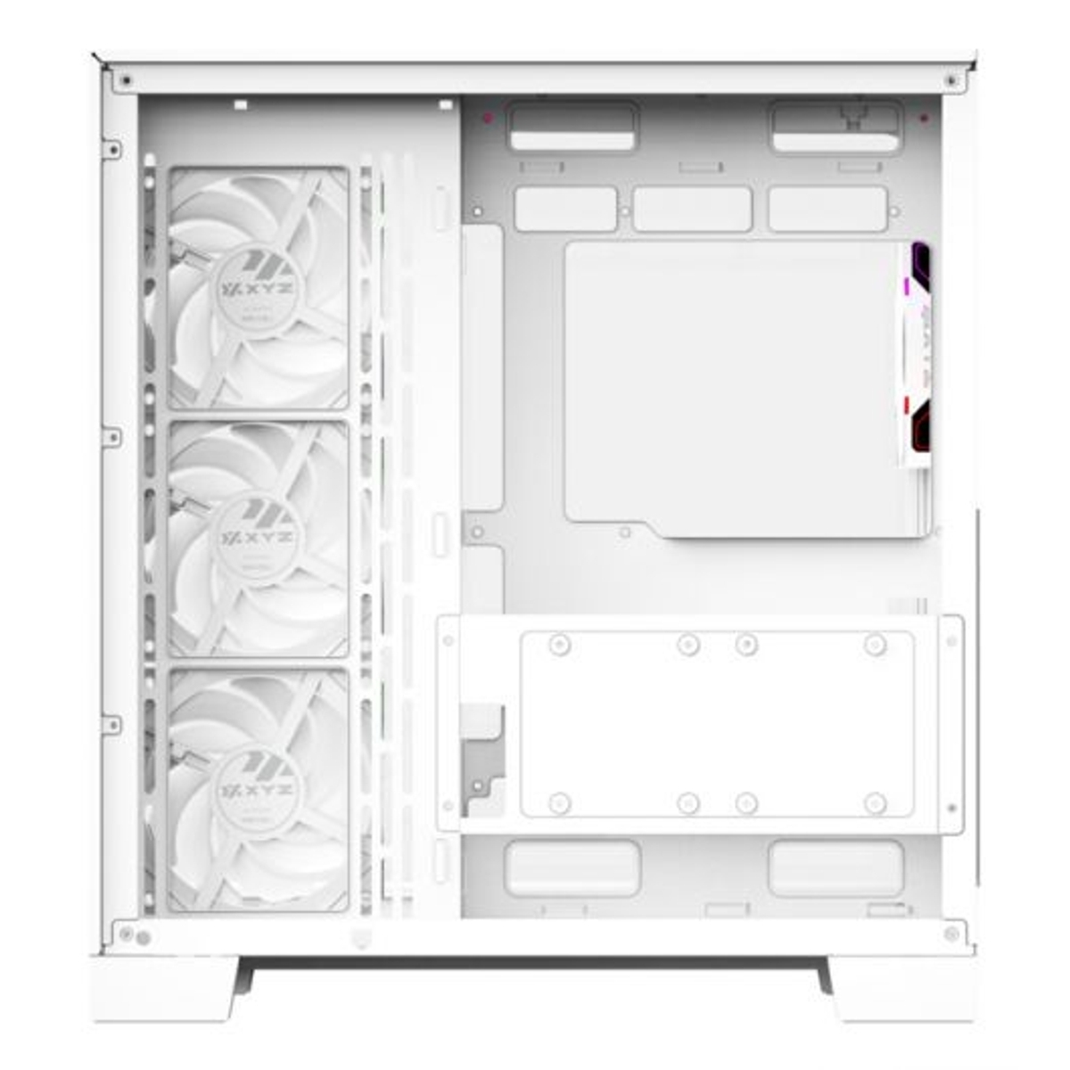 Interno case PC bianco con tre ventole a sinistra, alloggiamenti unità sopra e sotto.