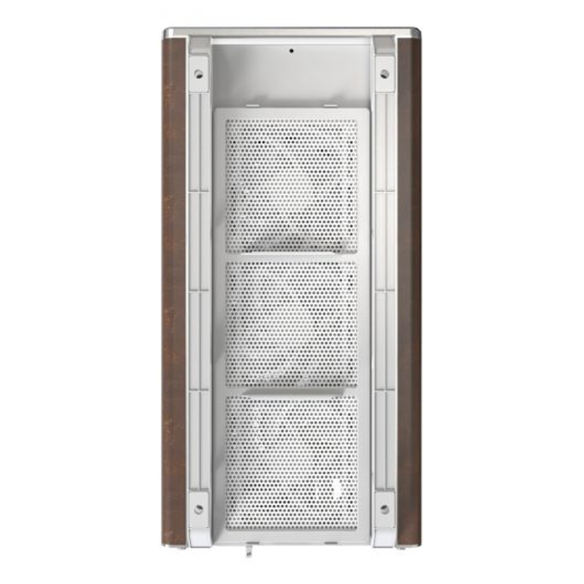 Custodia marrone con tre griglie metalliche forate sul davanti.